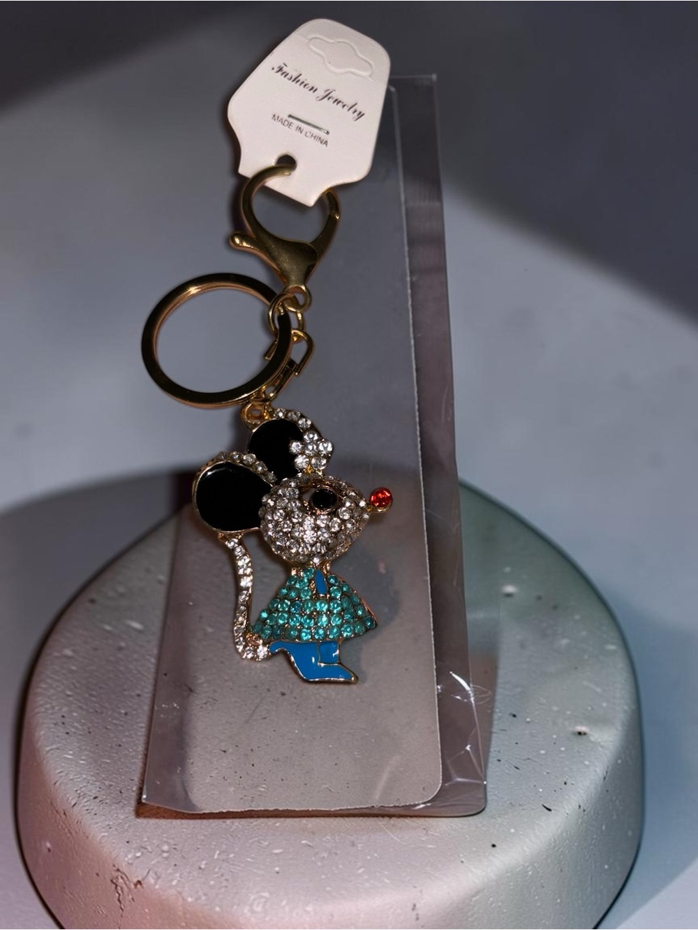 Rhinestone Mouse Keychain Purse Charm Turquoise Black Gold Tone NWT